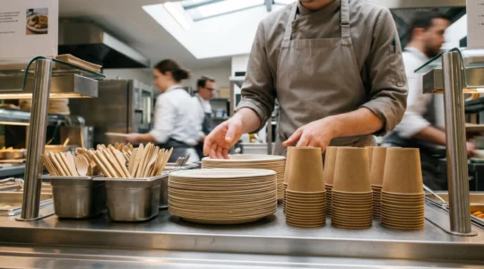 Comptoir de restauration collective moderne avec vaisselle jetable écologique en préparation : assiettes en bagasse empilées, gobelets kraft alignés, couverts bambou dans conteneur inox, personnel en tablier organisant le service sous éclairage naturel